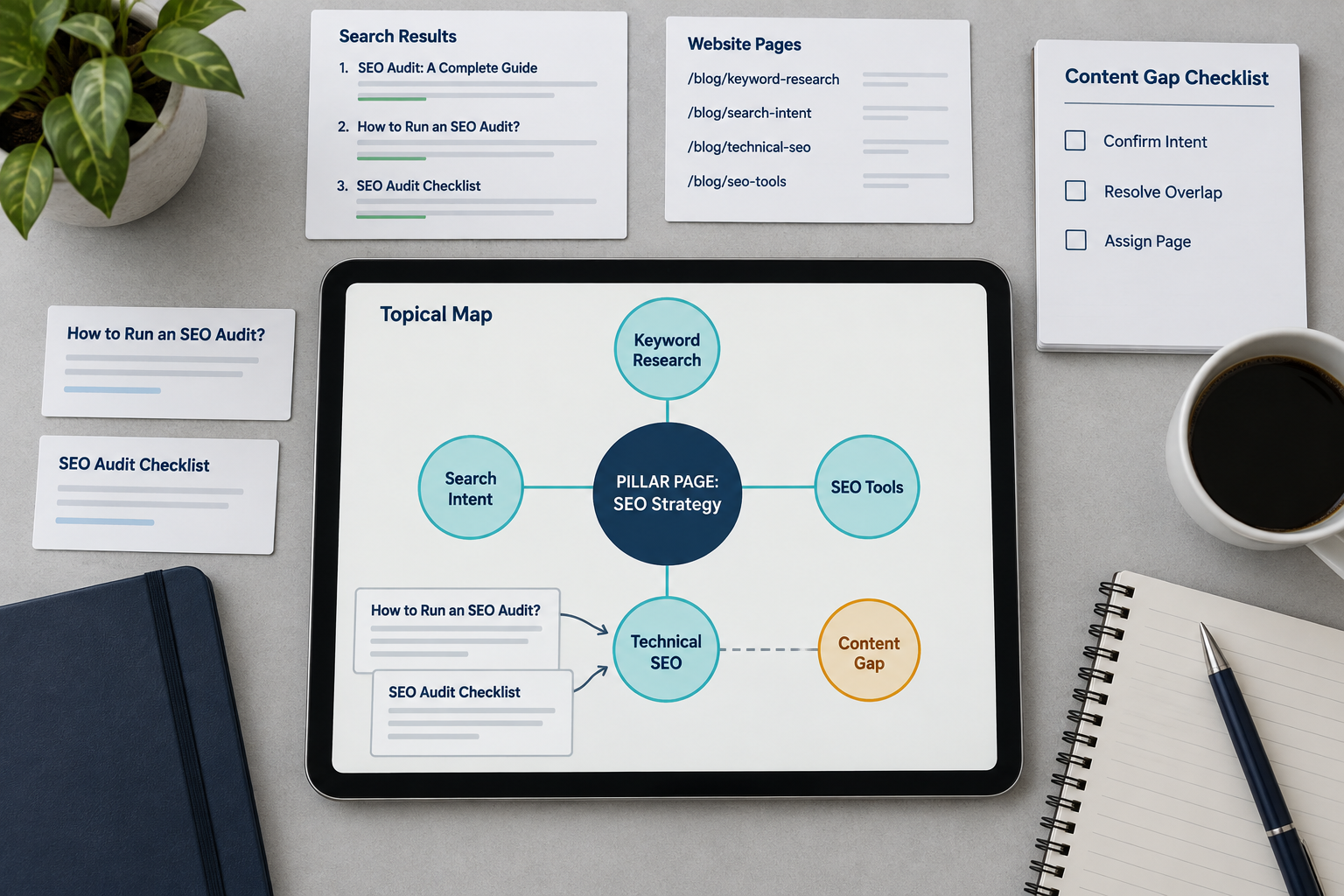 Tablet displays a topical mapping plan for SEO strategy, with a stalled technical SEO cluster and unresolved audit page overlap.