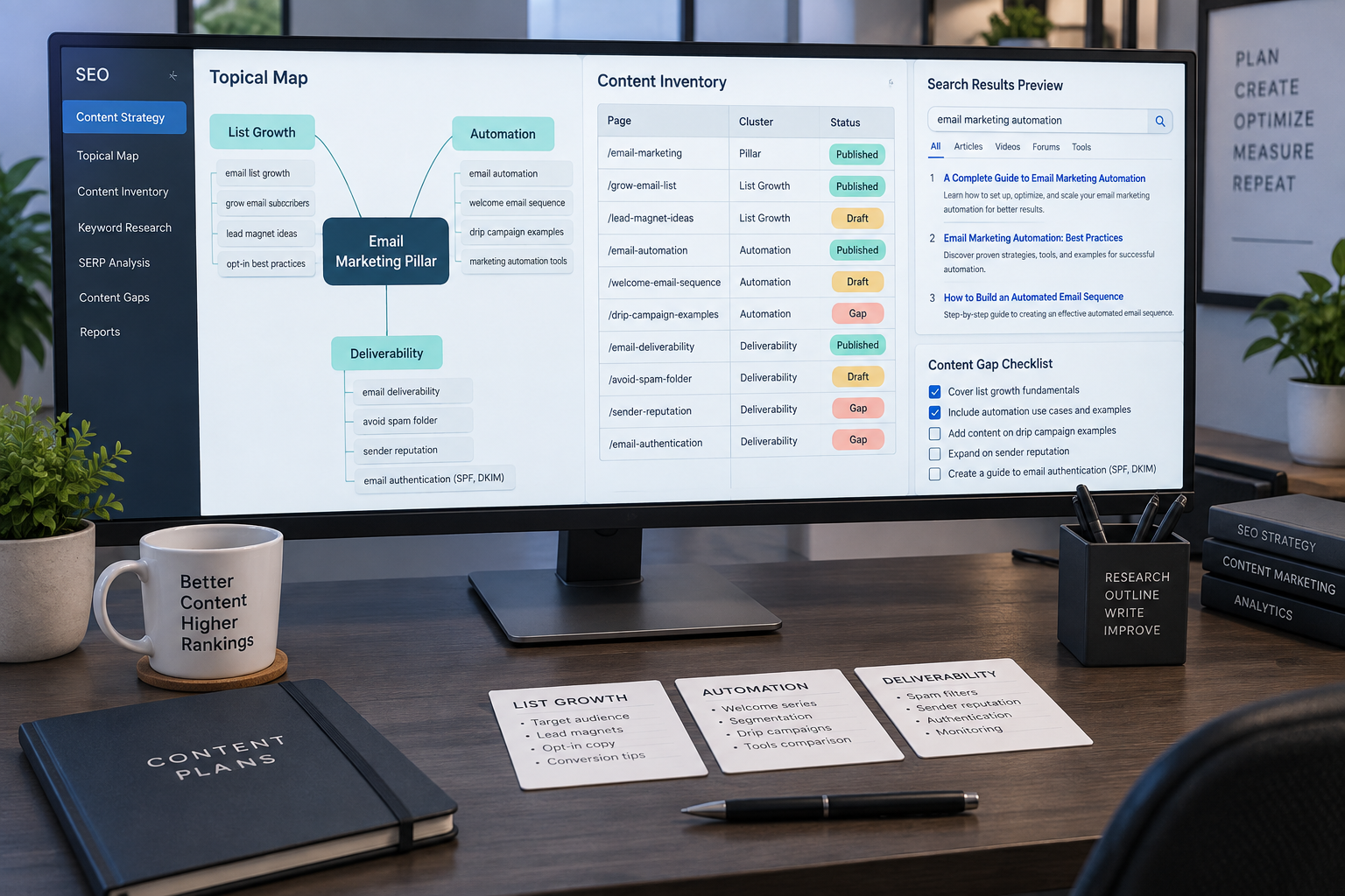 SEO monitor linking an email marketing topical mapping diagram to a content inventory, with published, draft, and gap status labels.