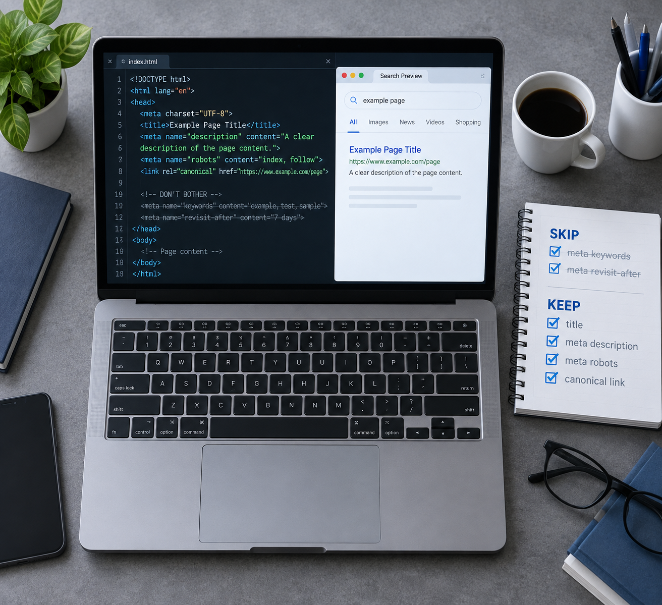 Laptop showing an HTML SEO meta tags audit, crossing out obsolete keywords and revisit tags while highlighting useful tags beside a skip/keep checklist.