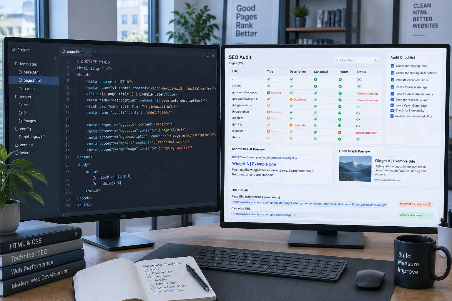 Web developer’s workspace with screens showing reusable HTML seo meta tags and a batch audit of page titles, descriptions, canonicals, and robots directives.