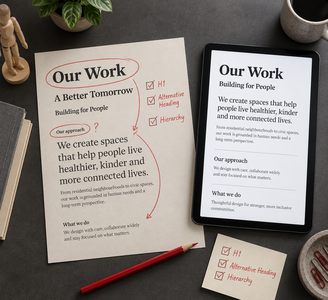 Overhead design audit shows a marked-up page with an alternative heading beside a tablet displaying corrected heading hierarchy.