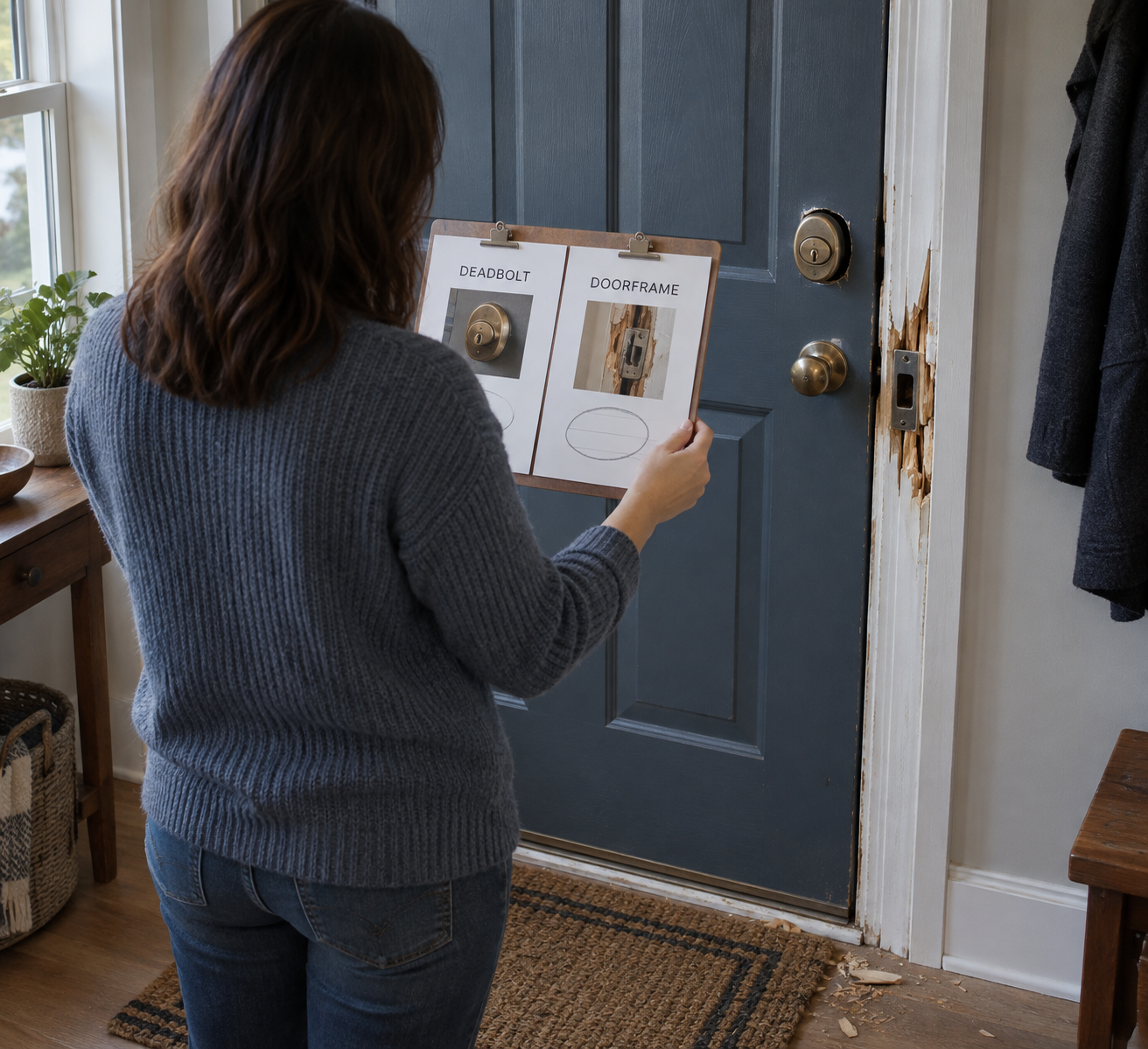 Homeowner compares deadbolt and doorframe repair estimates by damaged entry; lower estimate circled as an alternative heading.