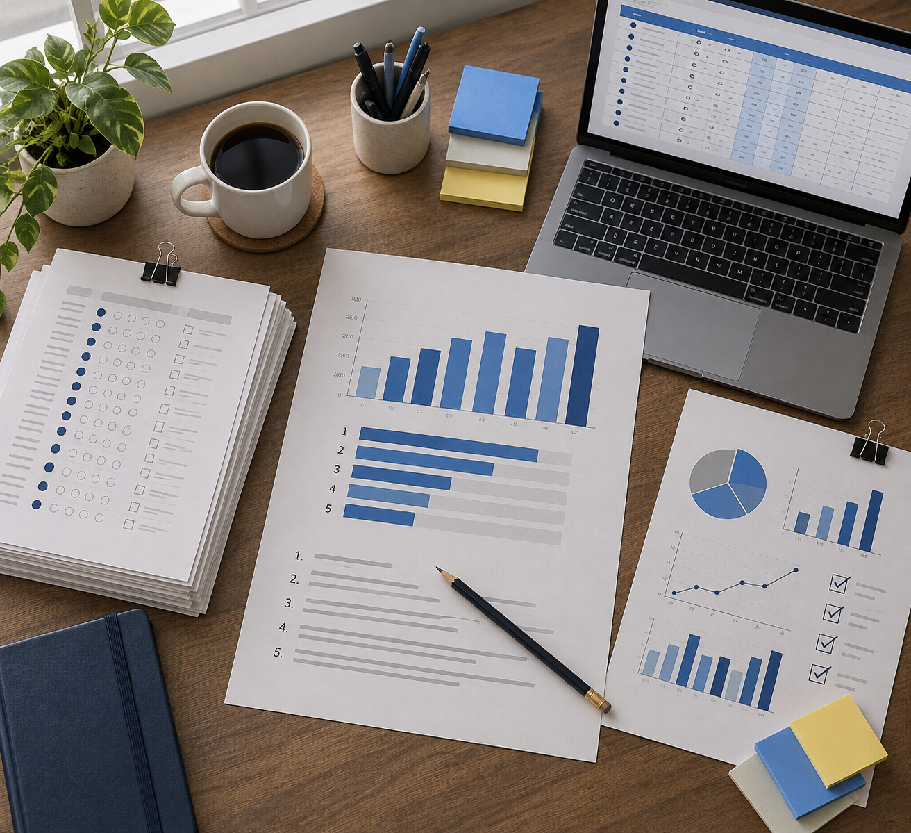 Overhead view of charts, survey forms, spreadsheet, and pencil on a research desk, illustrating how to make a listicle.