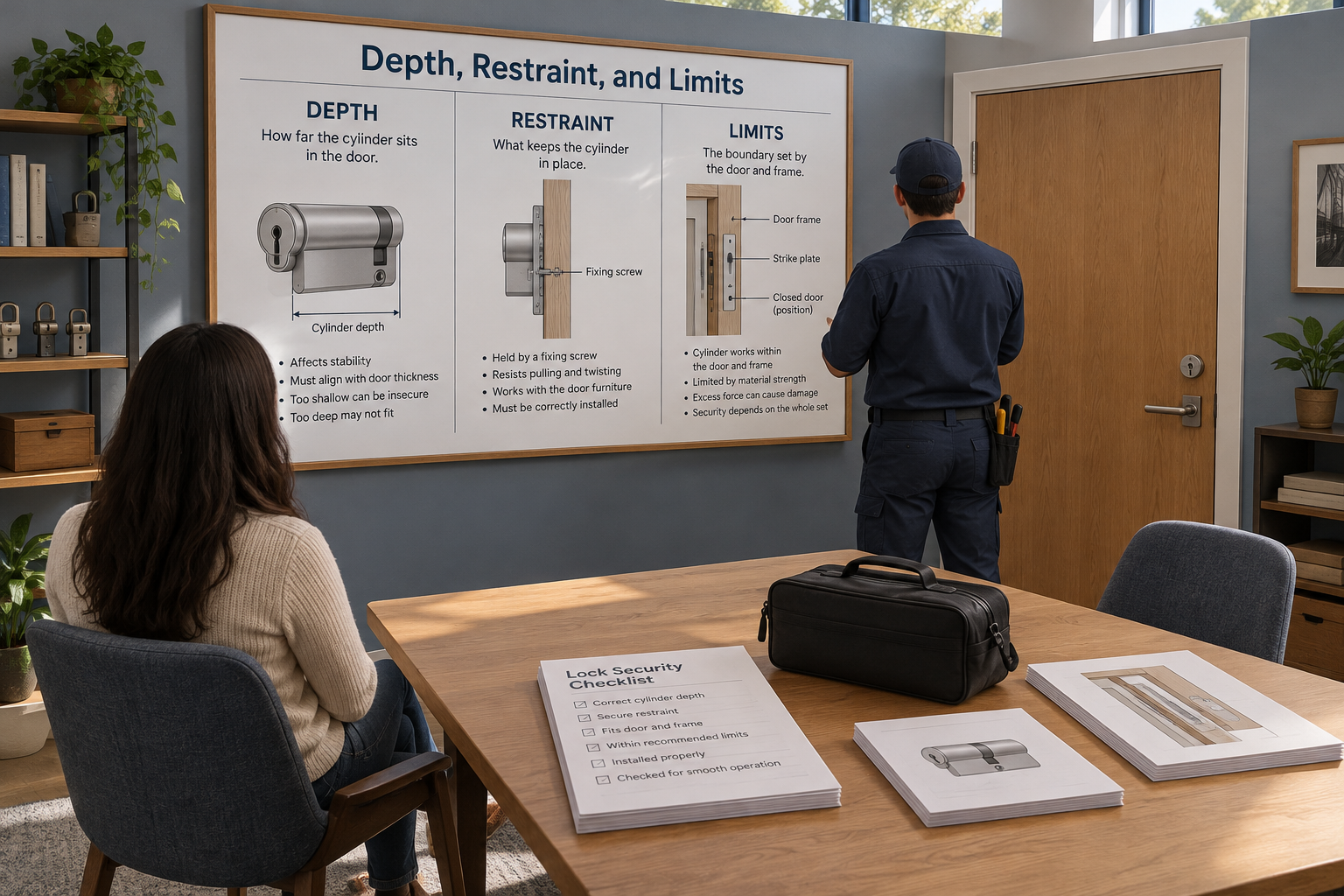 Locksmith and customer view a board on depth, restraint, and limits; a checklist and work bag sit on a table, with how to make a listicle noted.