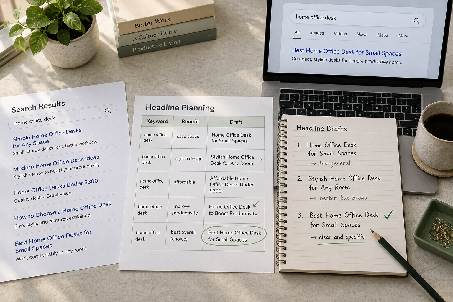 Overhead writing setup traces search engine optimization headlines from keyword worksheet to refined drafts and laptop search preview.