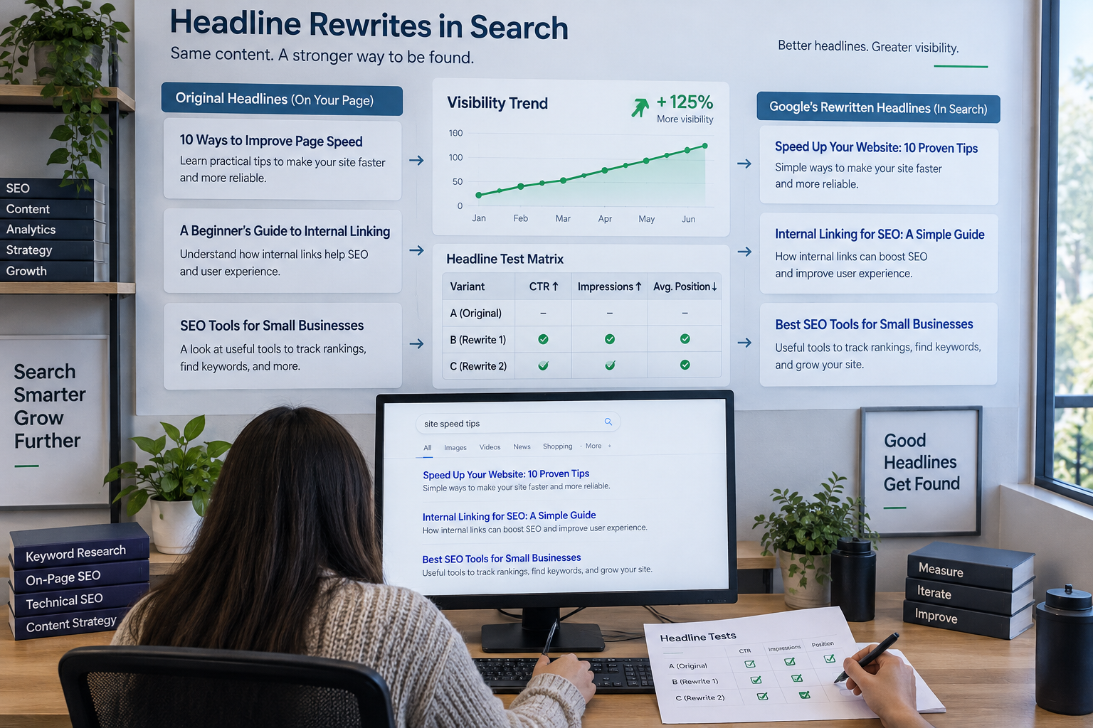 Analyst compares original and rewritten search engine optimization headlines on a studio board beside SEO dashboards.
