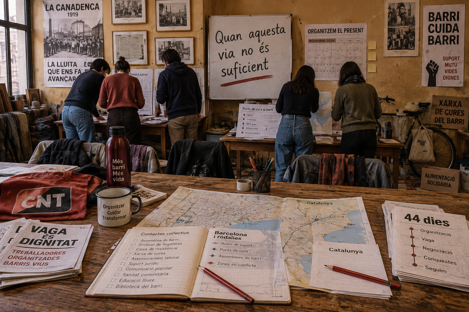 Assemblea veïnal barcelonina amb mapes, documents i pancarta «Quan aquesta via no és suficient» de la Coordinadora de Moviments.