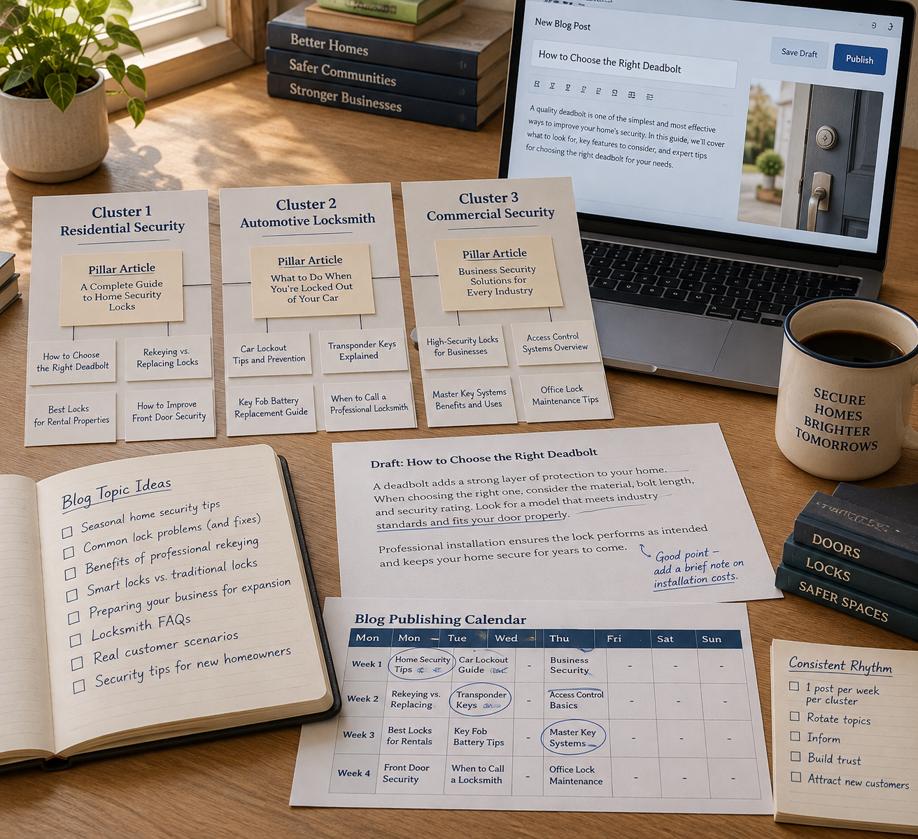 Overhead desk with “Cluster 1–3” article cards linked to pillar articles and a weekly posting calendar, illustrating blogging for small businesses.