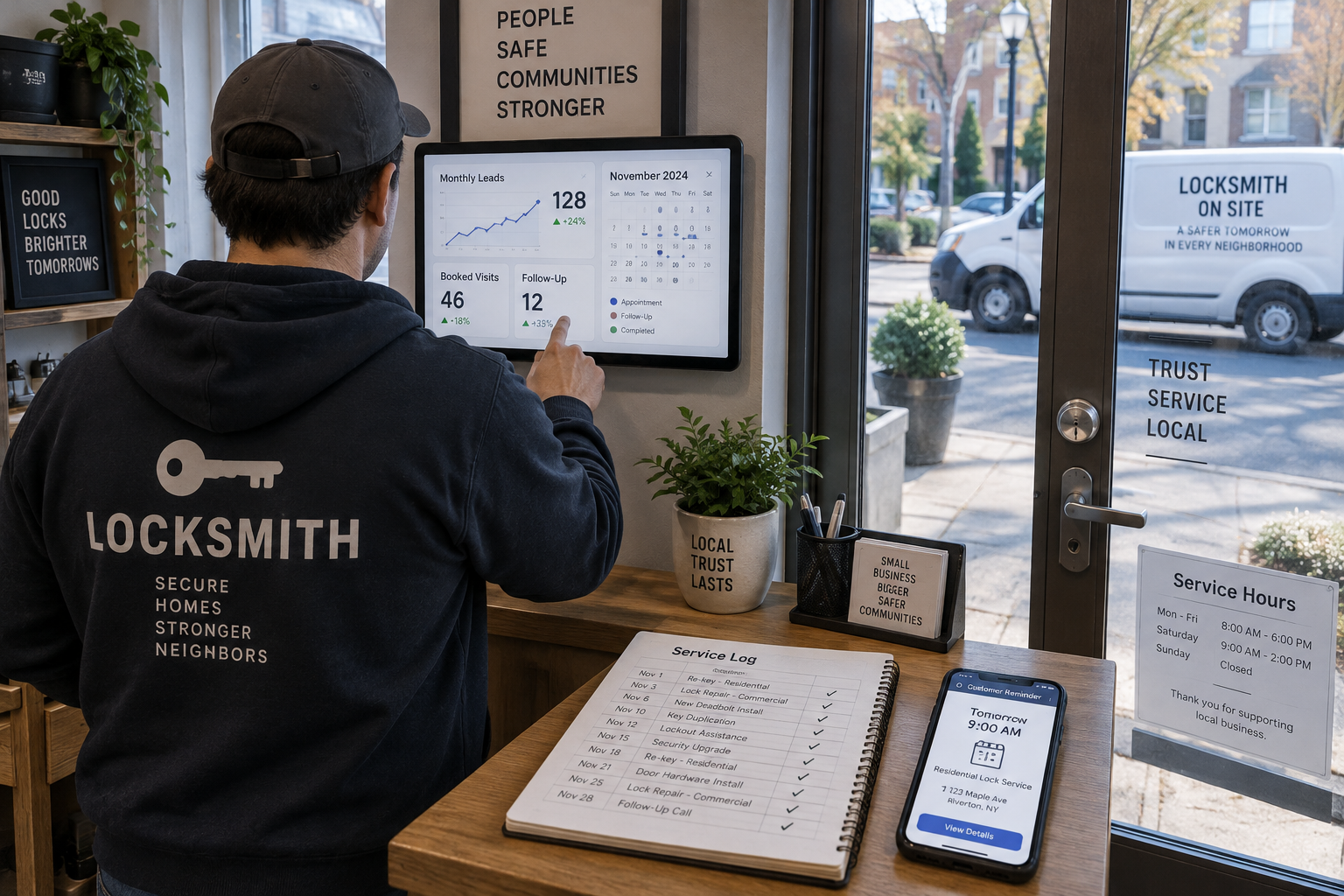 Locksmith reviewing a rising monthly leads graph beside service records, illustrating blogging for small businesses in a local storefront.