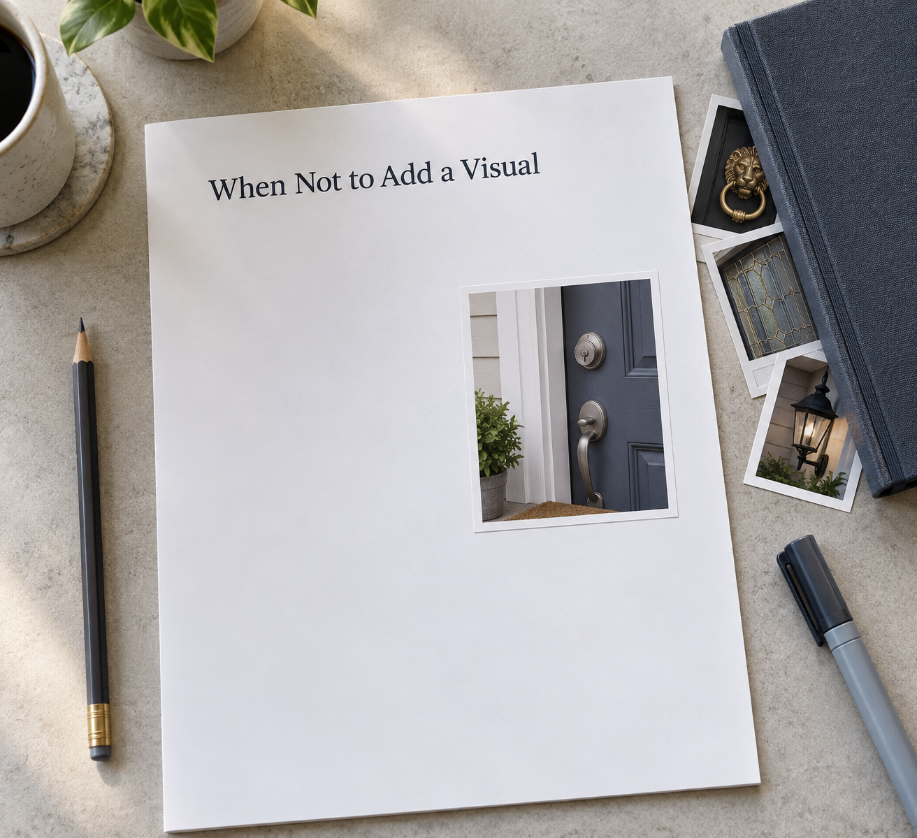 Overhead page titled “When Not to Add a Visual,” with one purposeful door image amid tucked-away distractions, illustrating restrained visual content.