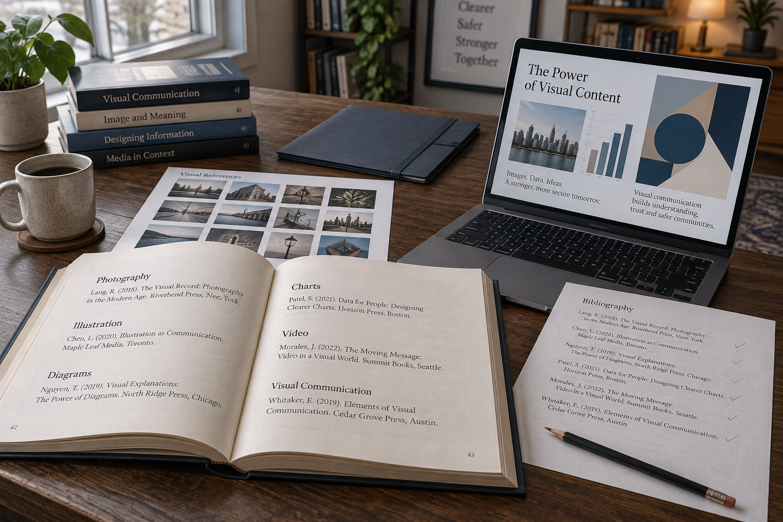 Open reference book and image contact sheet beside a laptop collage, illustrating visual content research on a dark oak desk.