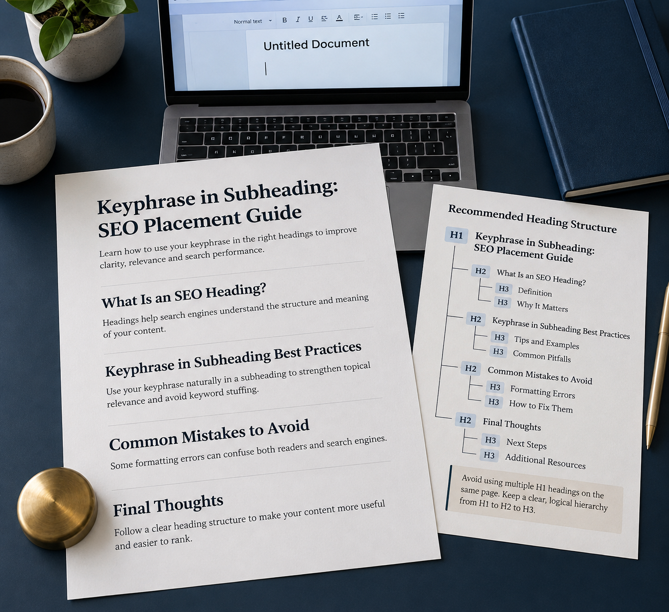 Overhead SEO guide shows a keyphrase in subheading, a duplicated H1, and a printed outline illustrating proper heading hierarchy.