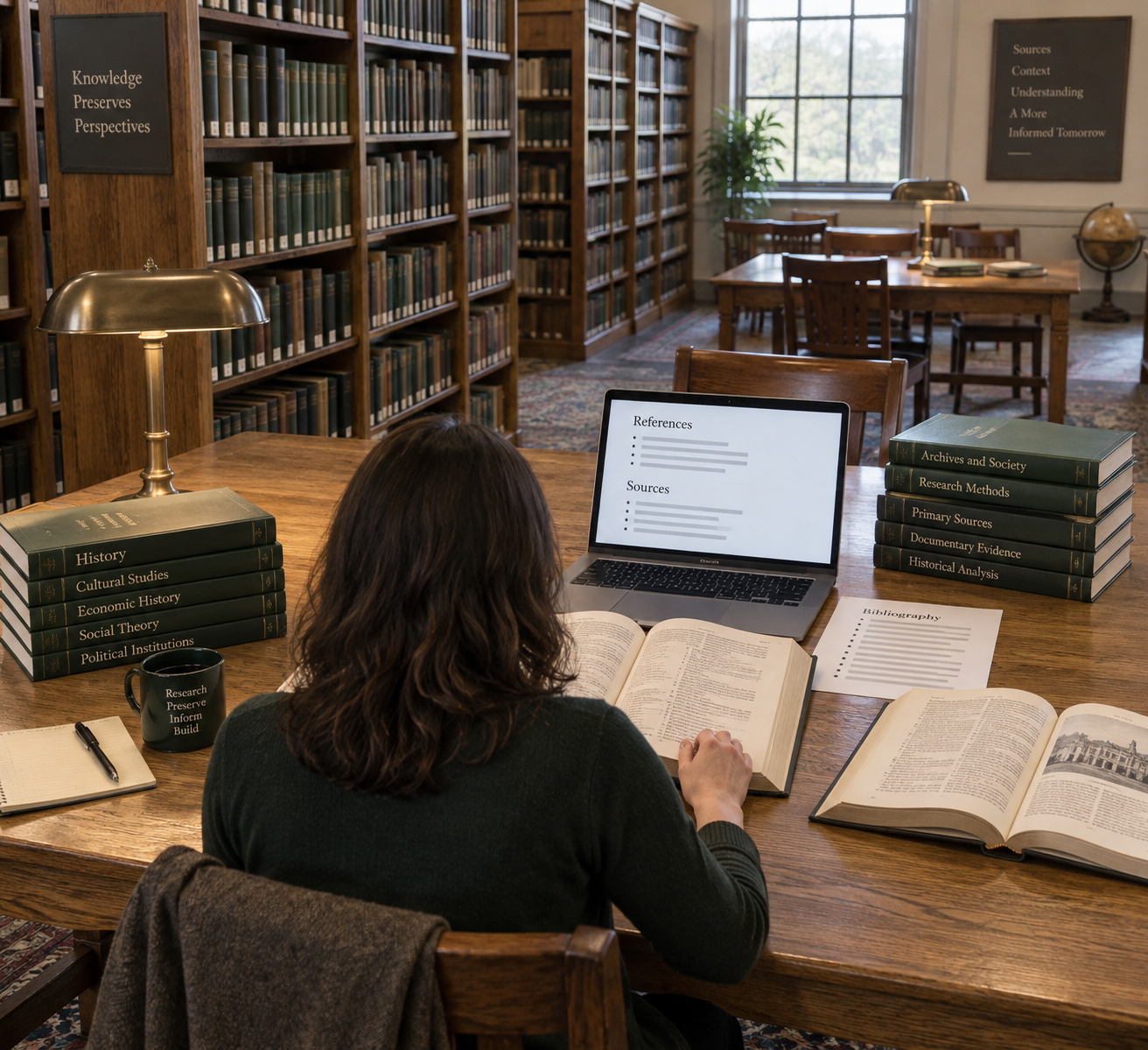 Researcher checks a cited reference book and laptop search results in a quiet archive; keyphrase in subheading is visible on screen.