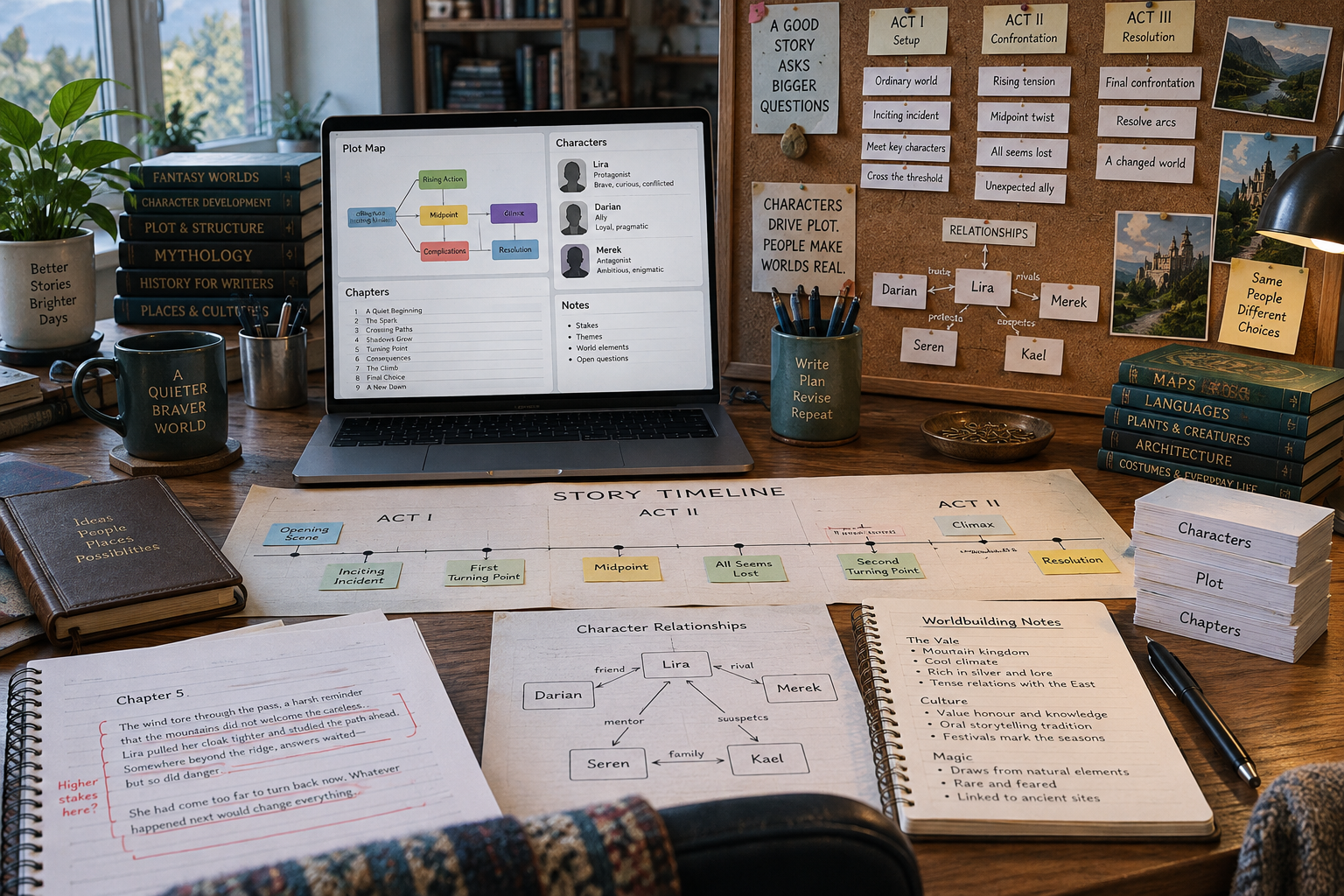Novel-planning desk with plot maps, character cards, timelines, and a laptop; notes mention chatgpt alternatives for writing.
