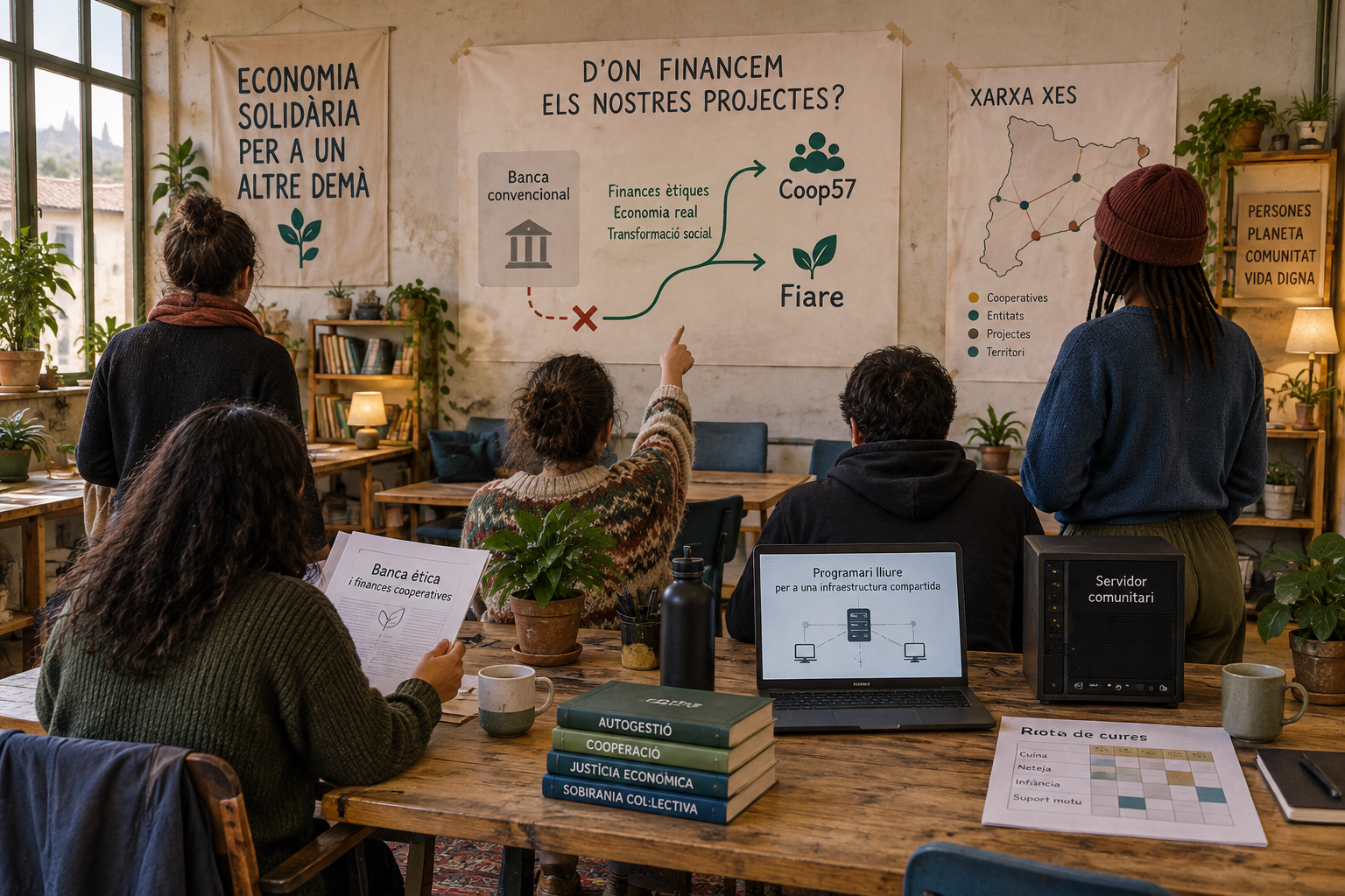 Membres d’una cooperativa debaten al voltant d’un mapa de finançament cap a Coop57 i Fiare: Sistema econòmic anticapitalista.